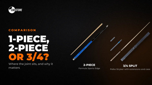 2 piece vs 3/4 cue: a two-piece Formula Sports Edge and a Palko Stryker 3/4 split cue with its case