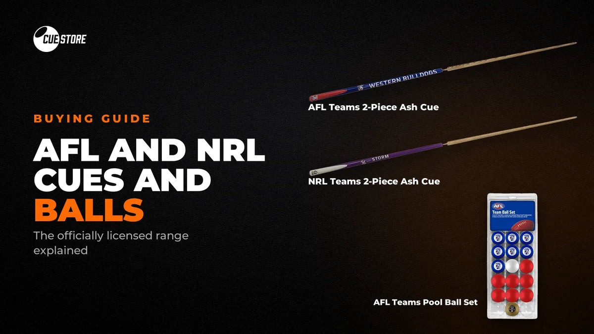 AFL pool cue and NRL pool cue with the AFL Teams Pool Ball Set