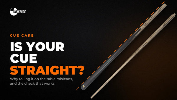 Two-piece ash cue on a dark background with an orange straight line running beside it